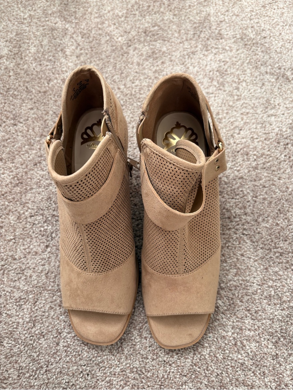 Fergalicious Tan Perforated Suede Peep-Toe Mules